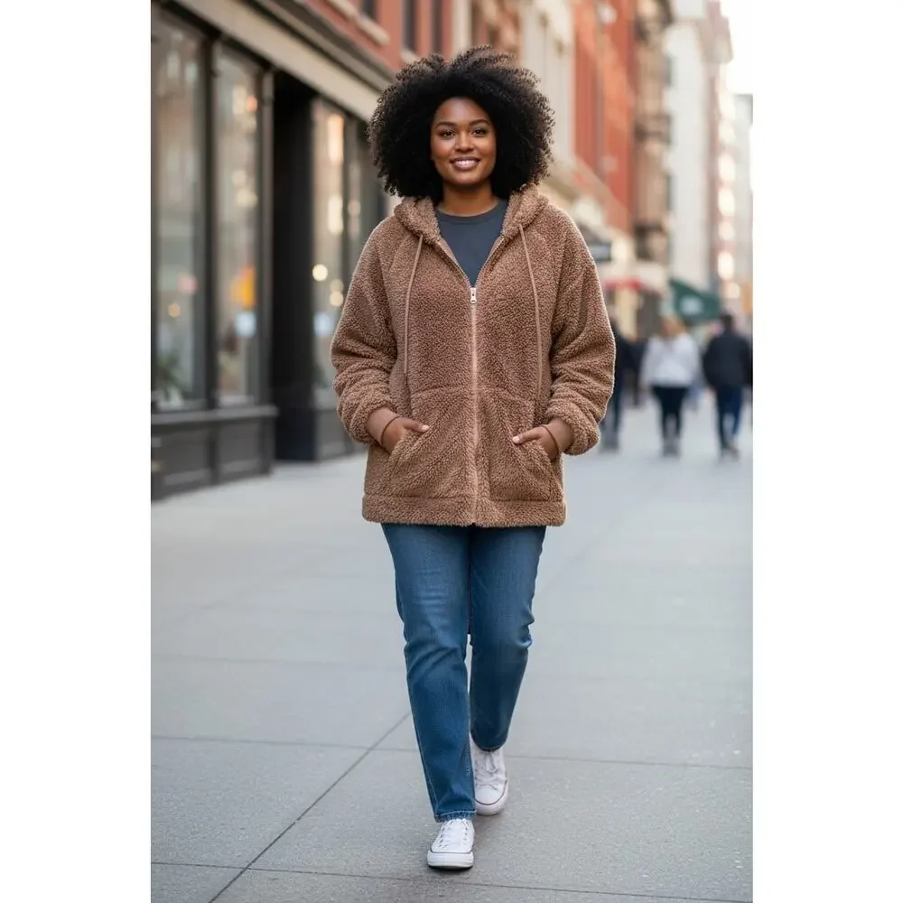 Derek Heart Faux Fur Bomber Jacket Hoodie 3X Brown